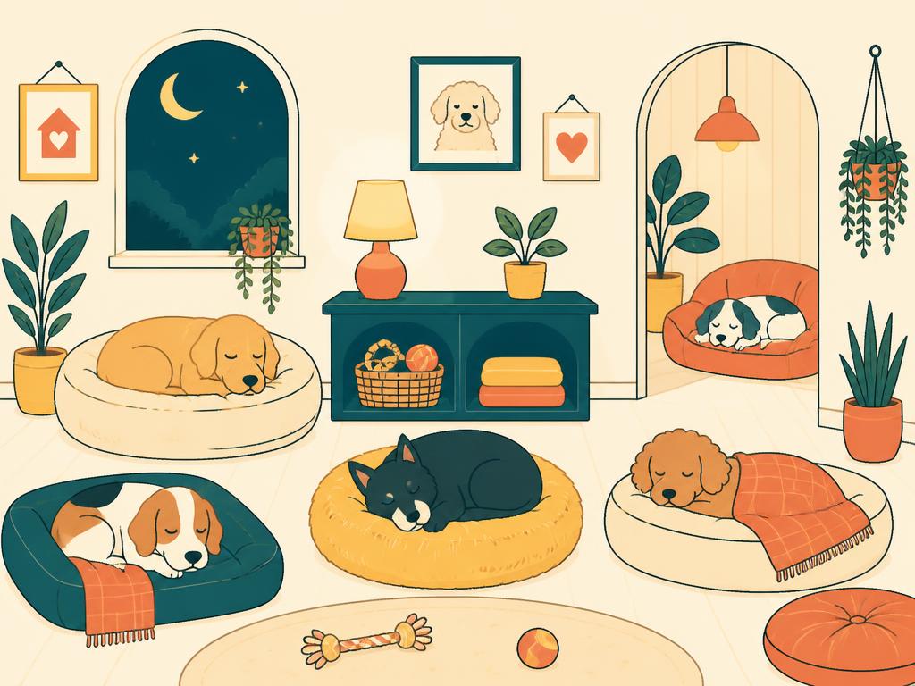 Illustration of dogs sleeping in soft beds inside a cozy, lamp-lit boarding home at night
